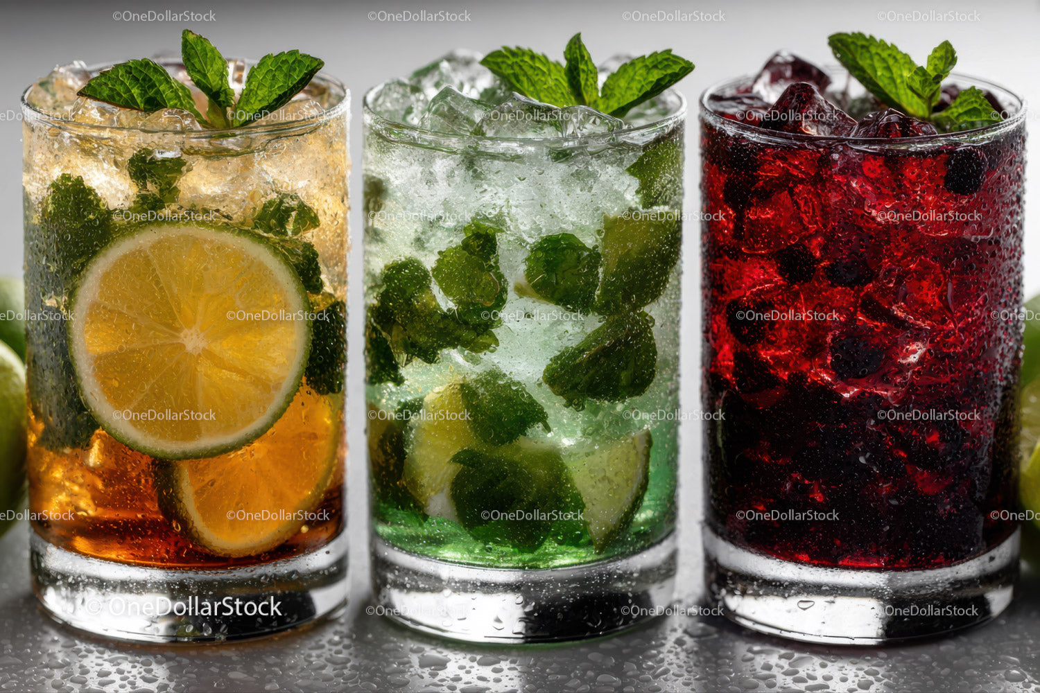 Colorful Fruit Infused Refreshing Drinks with Mint and Ice