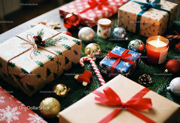Christmas gifts and decorations on festive table
