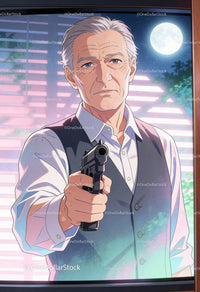 Serious elderly man pointing handgun at night