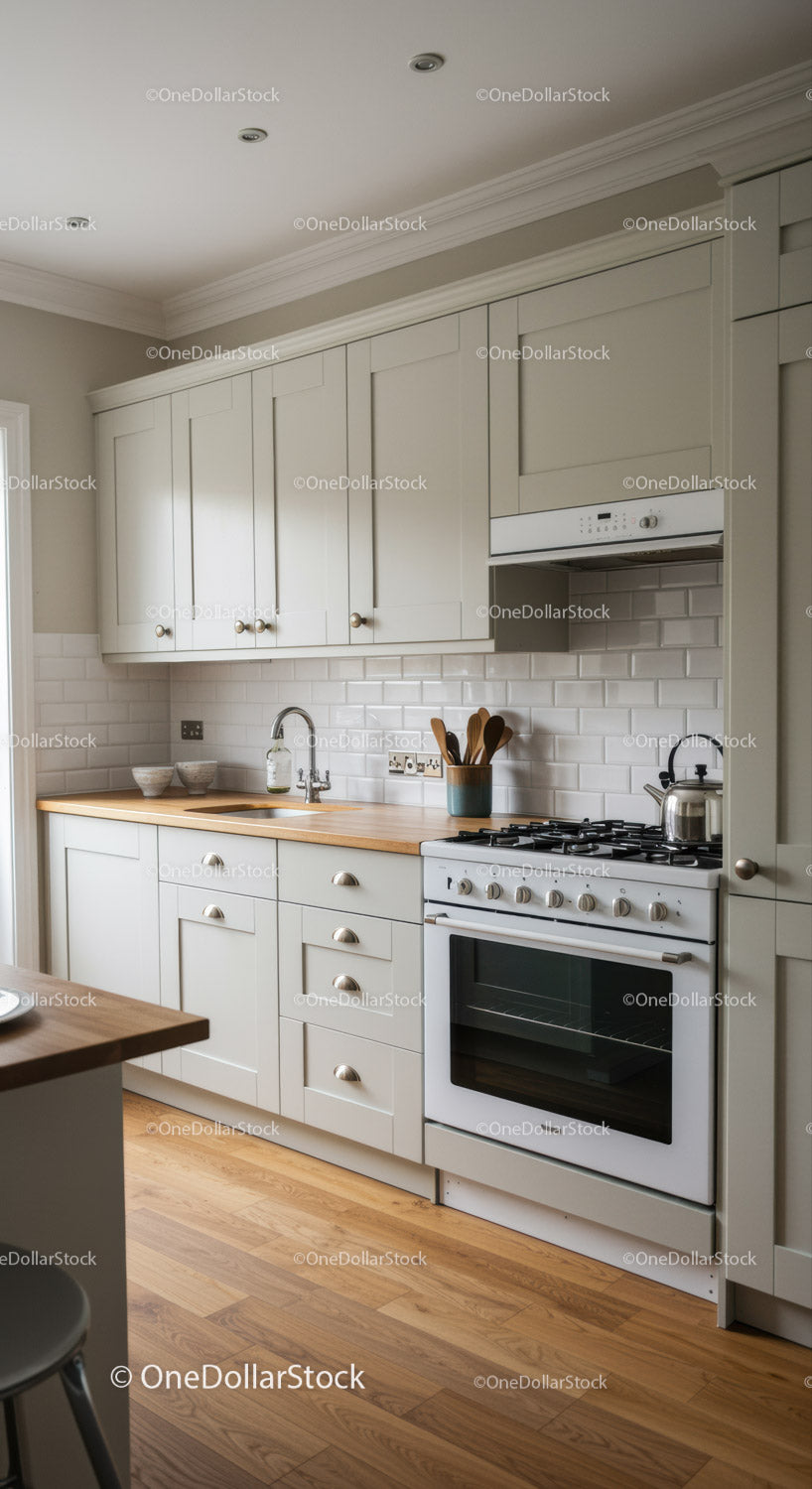 Bright Modern Kitchen with Wooden Countertop and White Cabinets