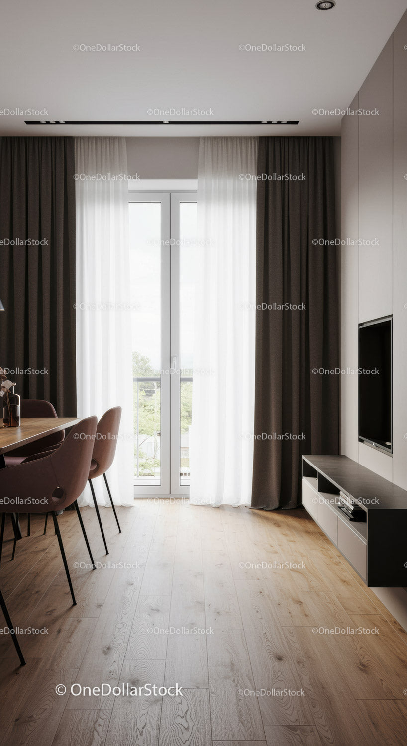 Modern dining area with large window and elegant curtains