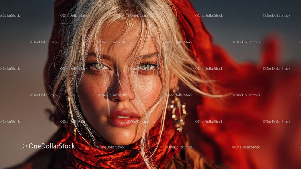 Fashion Portrait of a Blonde Woman in Red Scarf with Blue Eyes