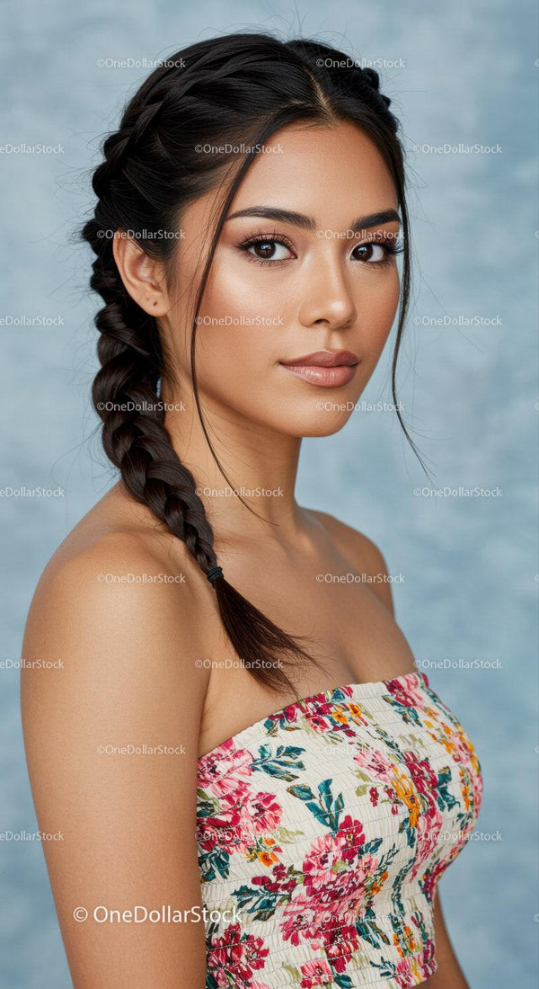 Beautiful Young Woman with Braided Hair in Floral Top Portrait