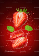 Fresh strawberry halves splashing in water with mint leaves