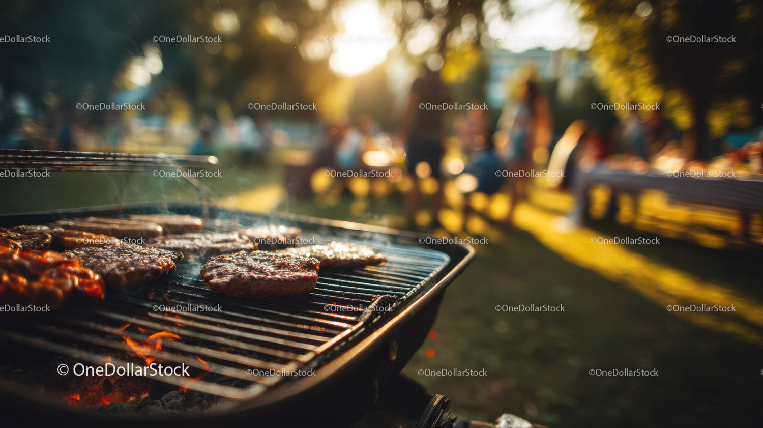 Outdoor Barbecue Grill with Sizzling Steaks and Flames