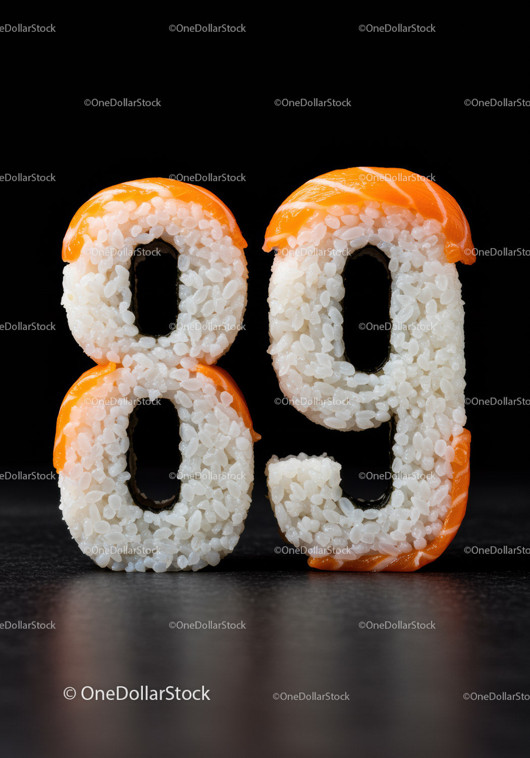 Creative sushi shaped as number eighty nine on black