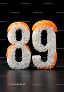 Creative sushi shaped as number eighty nine on black