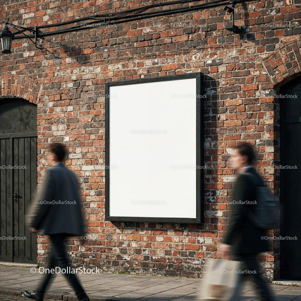 Empty Urban Billboard on Brick Wall with Walking People JPG Mockup Image