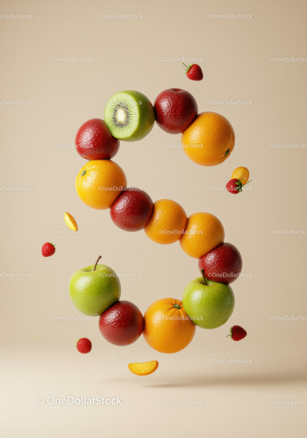 Number five made of floating fresh fruits on beige