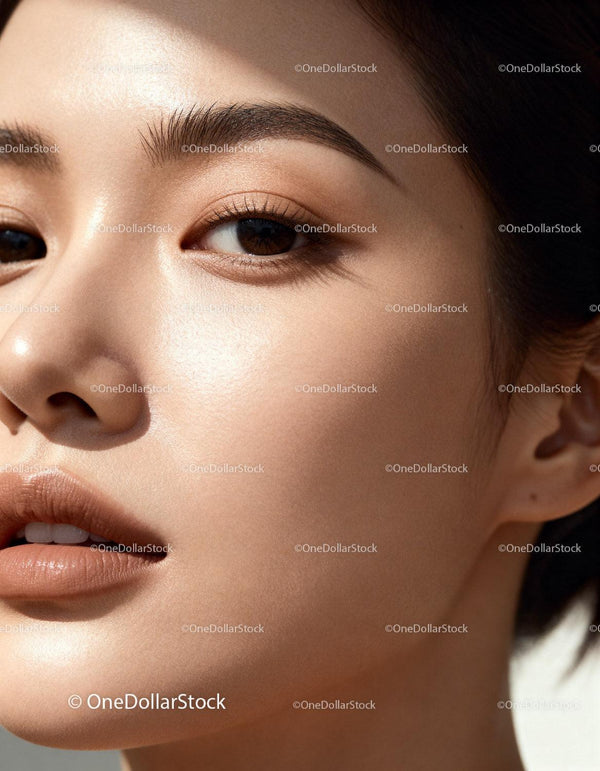Close up of woman with smooth glowing skin and natural makeup