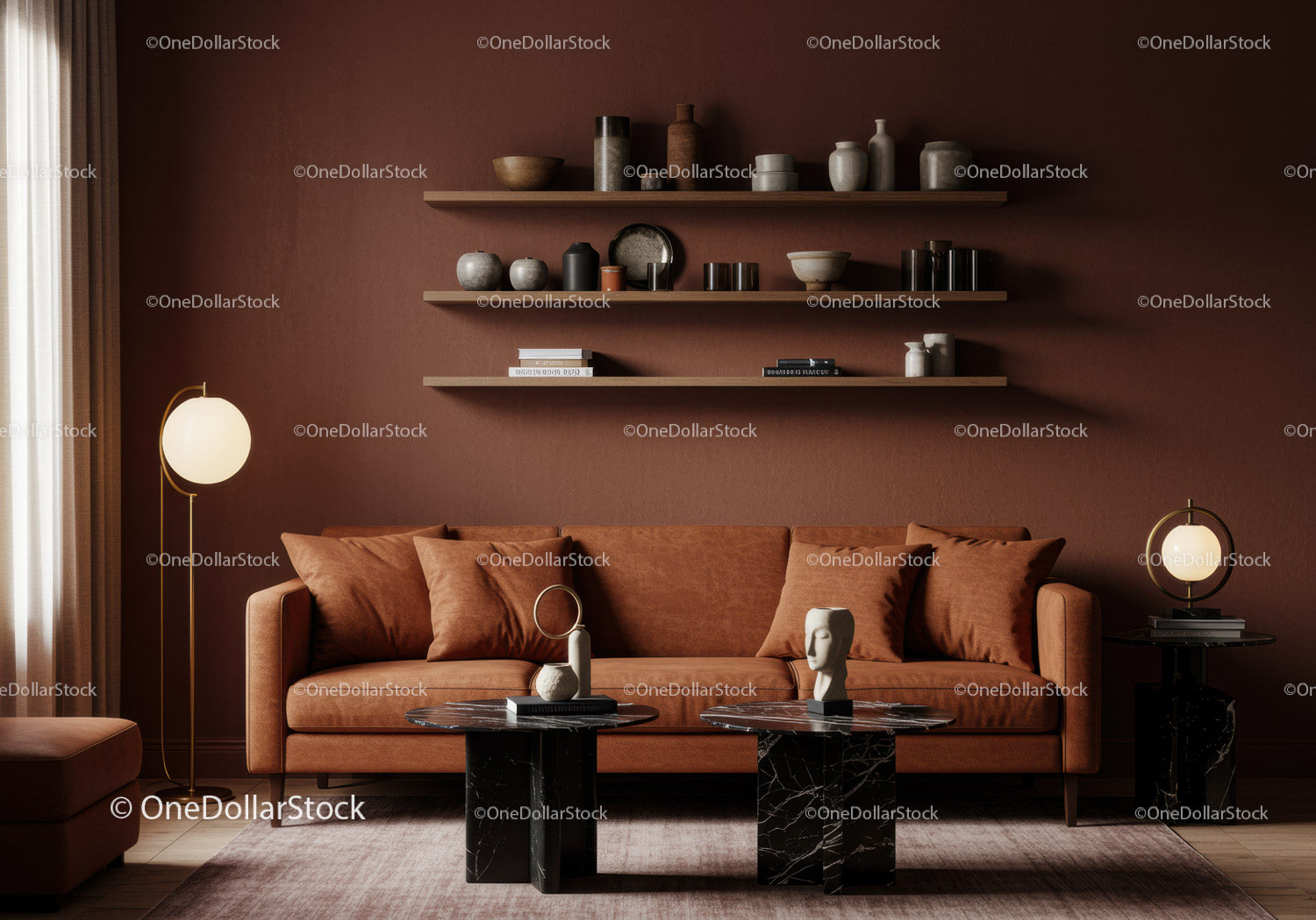 Cozy modern living room with warm brown tones