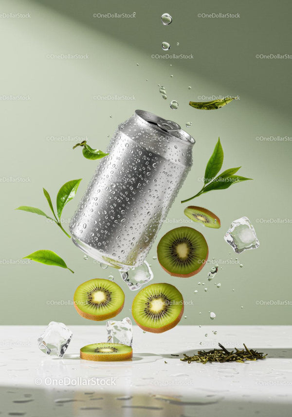 Refreshing Kiwi and Tea Leaves with Water Droplets