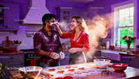 Couple Playfully Baking Heart-Shaped Cookies in Cozy Kitchen