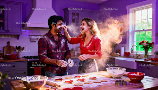 Couple Playfully Baking Heart-Shaped Cookies in Cozy Kitchen