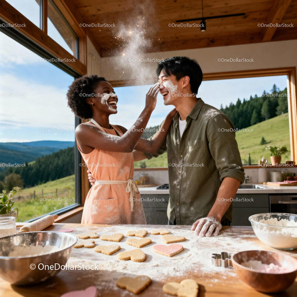 Couple Playfully Baking Heart-Shaped Cookies Together