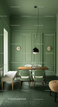 Elegant Green Walled Dining Area with Modern Furniture and Pendant Light