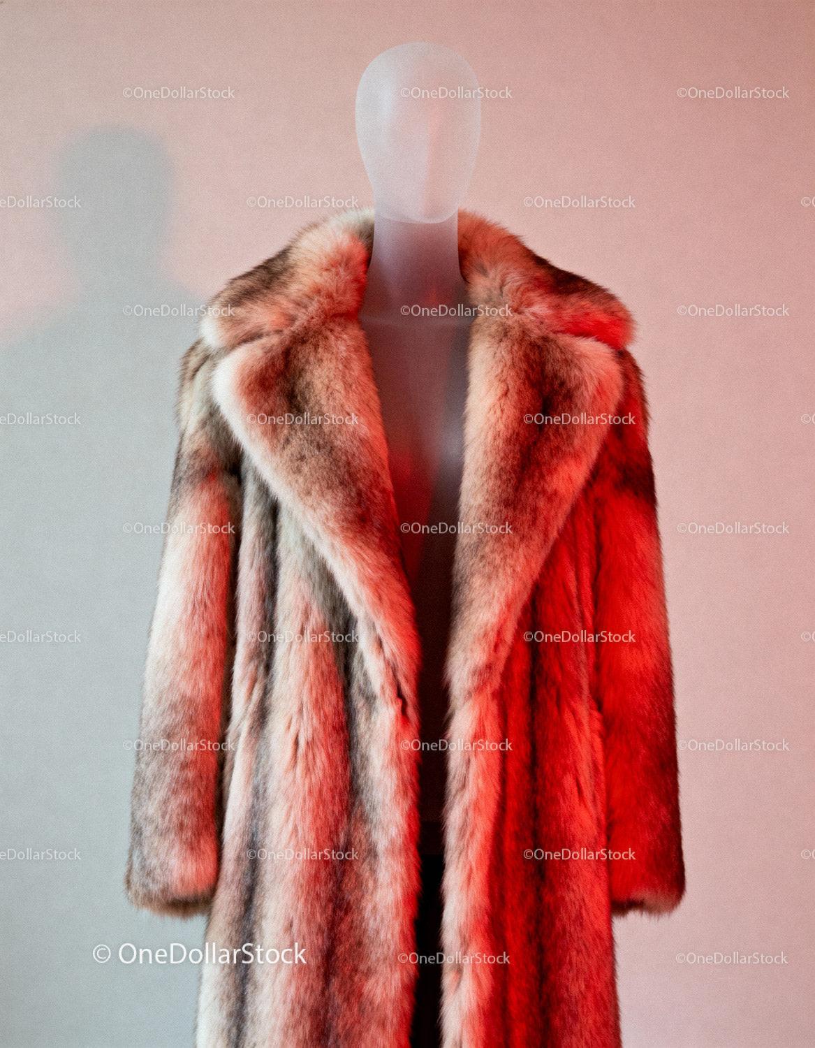 Luxurious fur coat on faceless mannequin with red light