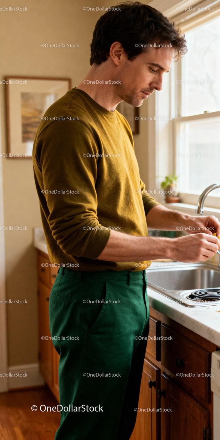 Man Preparing Food at Kitchen Sink in Cozy Home