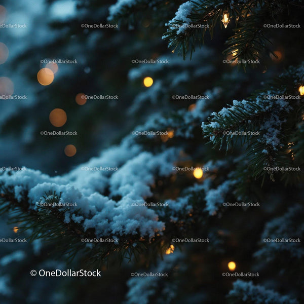 Snow-covered pine branches with warm glowing lights