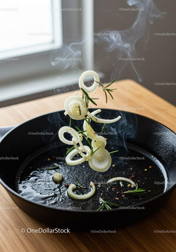 Sizzling onion rings with fresh rosemary in cast iron pan