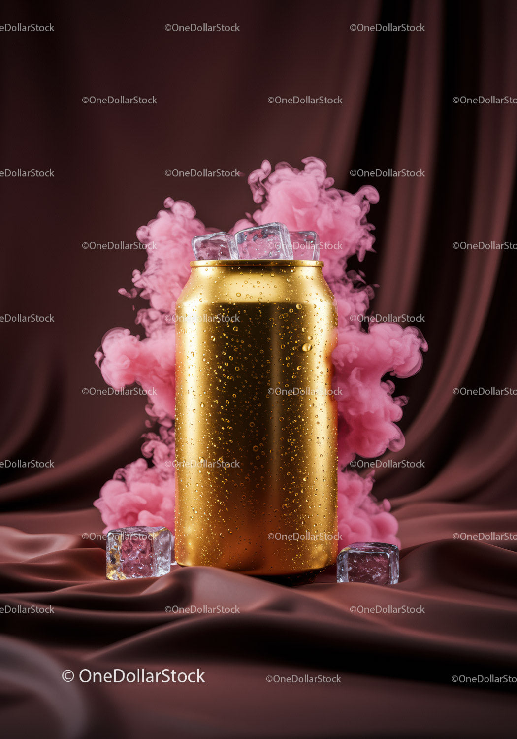 Cold gold can with ice on silky fabric background