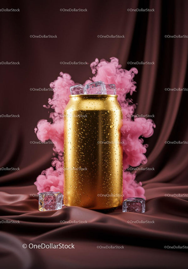 Cold gold can with ice on silky fabric background