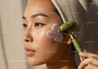 Asian Woman Performing Facial Massage with Jade Roller for Skin Rejuvenation