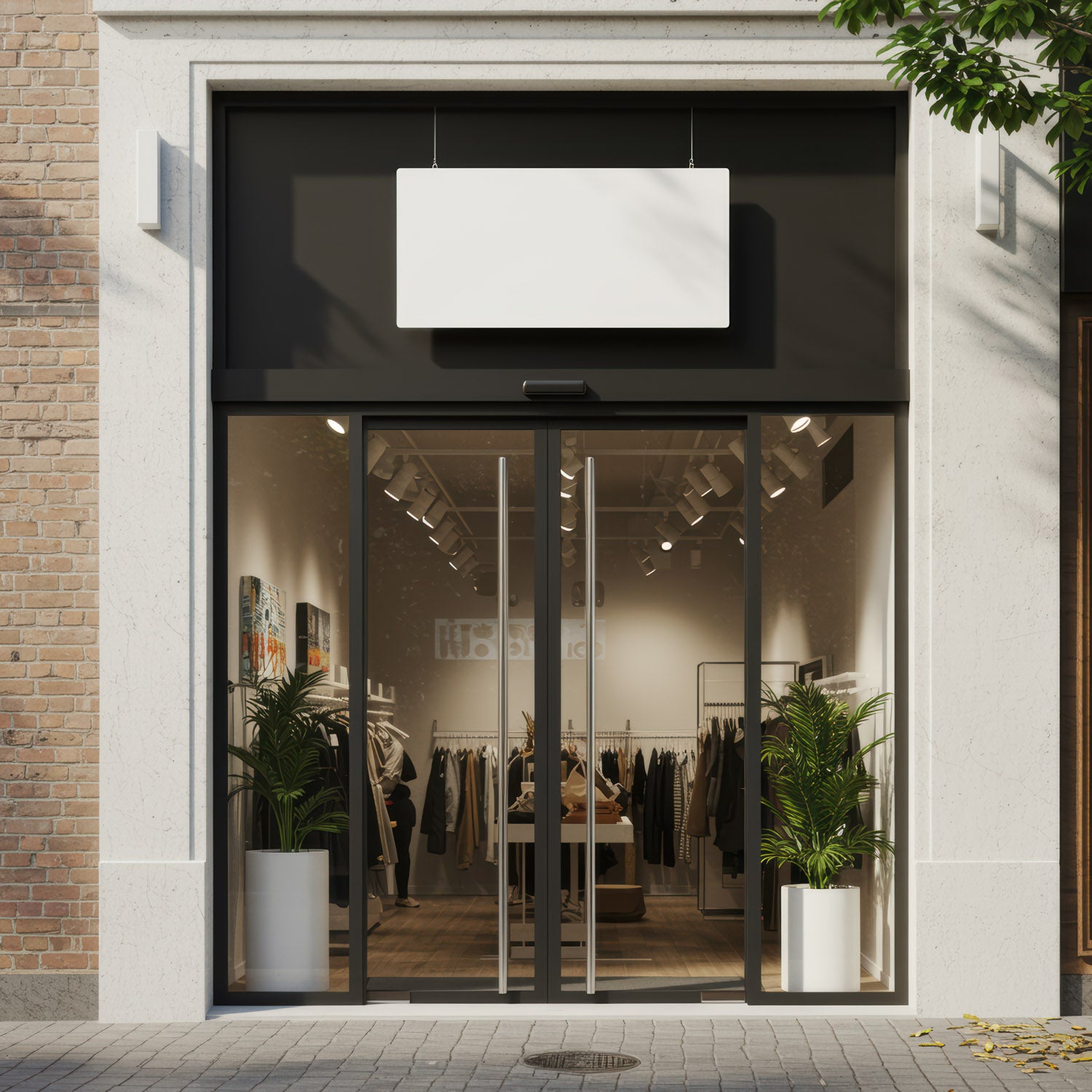 Modern clothing boutique with glass entrance and greenery