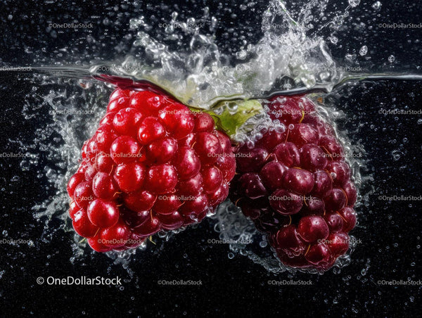 Fresh Red Raspberries Splashing into Water with Burst of Juiciness