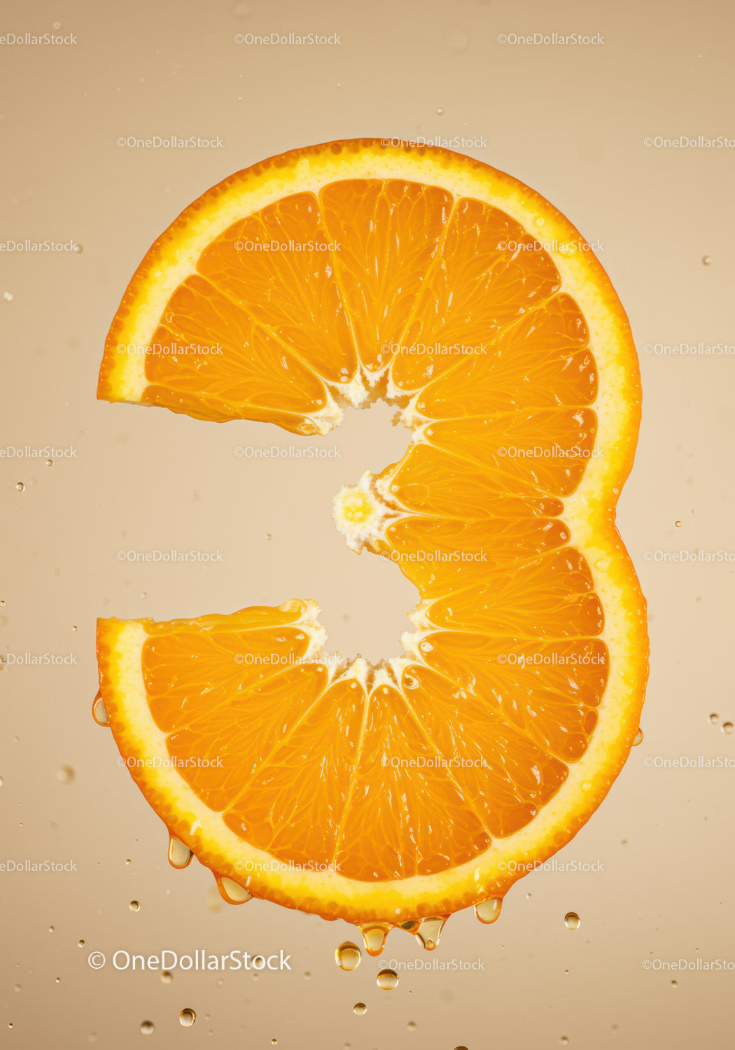 Fresh orange slice shaped like number three in water