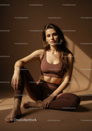Relaxed woman in brown activewear sitting on warm floor