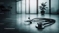 Stethoscope on hospital table in medical clinic with modern design