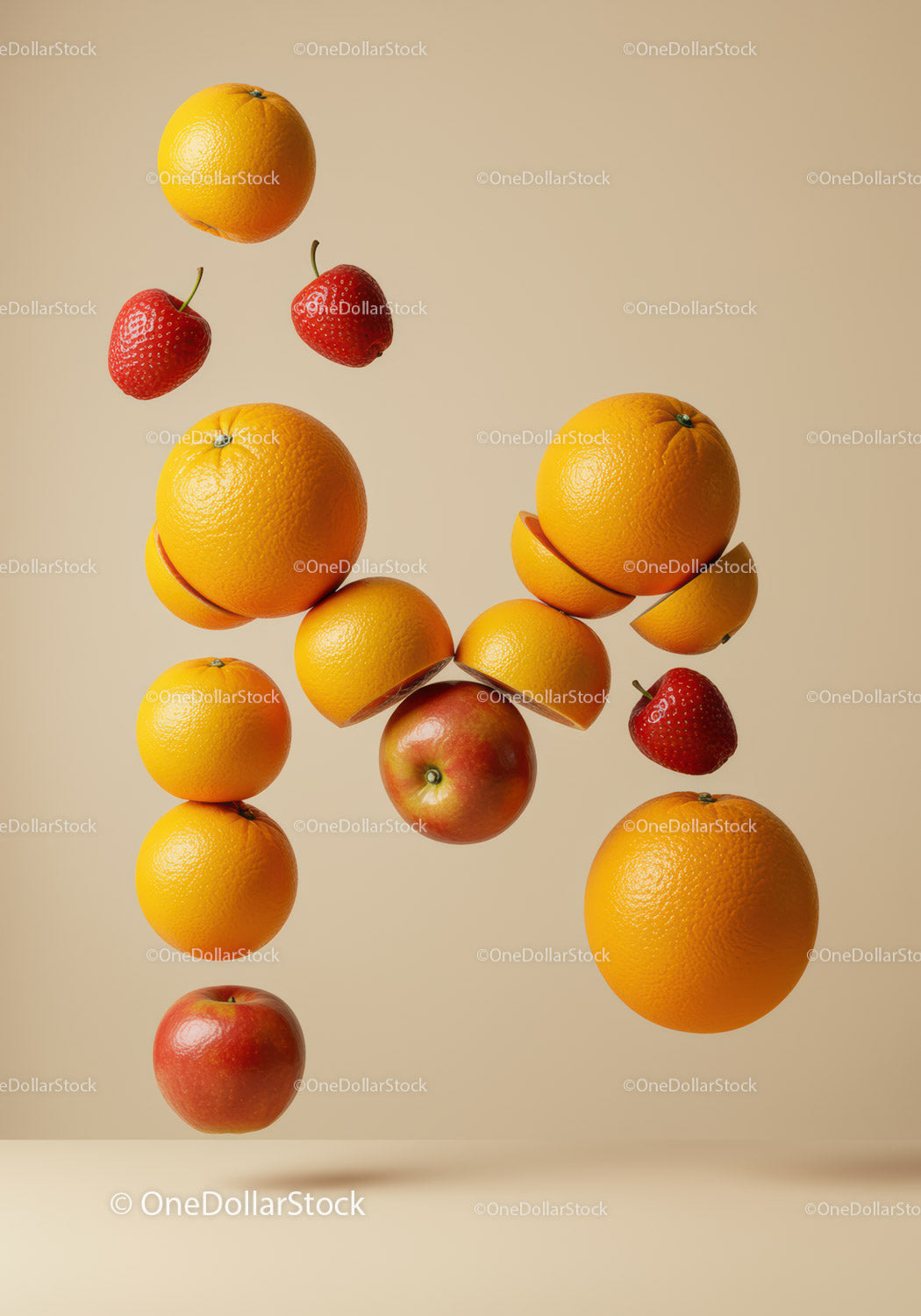 Floating citrus and berries in balanced composition