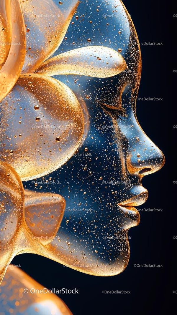 Gold and Glass Artistic Female Face Sculpture for Fashion and Art
