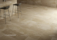 Beige Ceramic Tiled Floor with Modern Black Bar Stools and Stone Wall