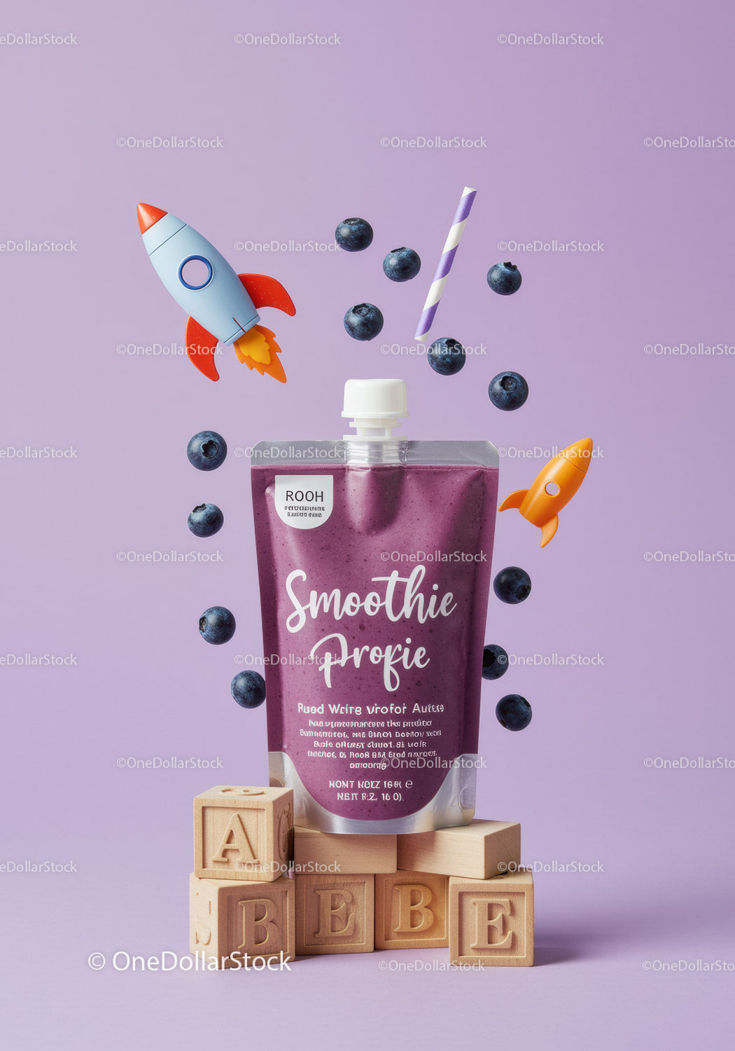 Berry smoothie pouch with playful rockets and blocks