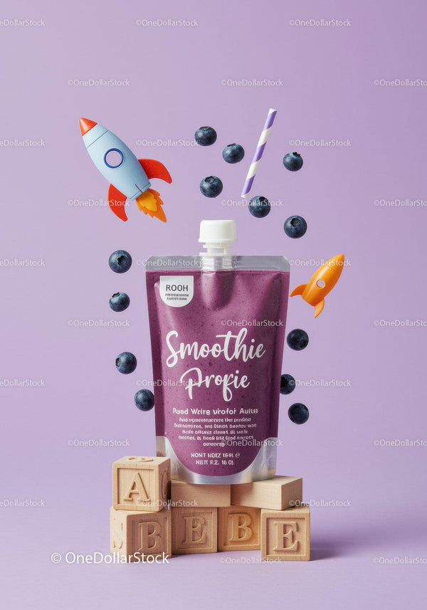 Owocowy smoothie w saszetce z zabawnymi rakietami i klockami