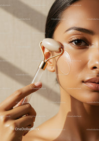Close-up of a woman using a facial roller for skincare treatment