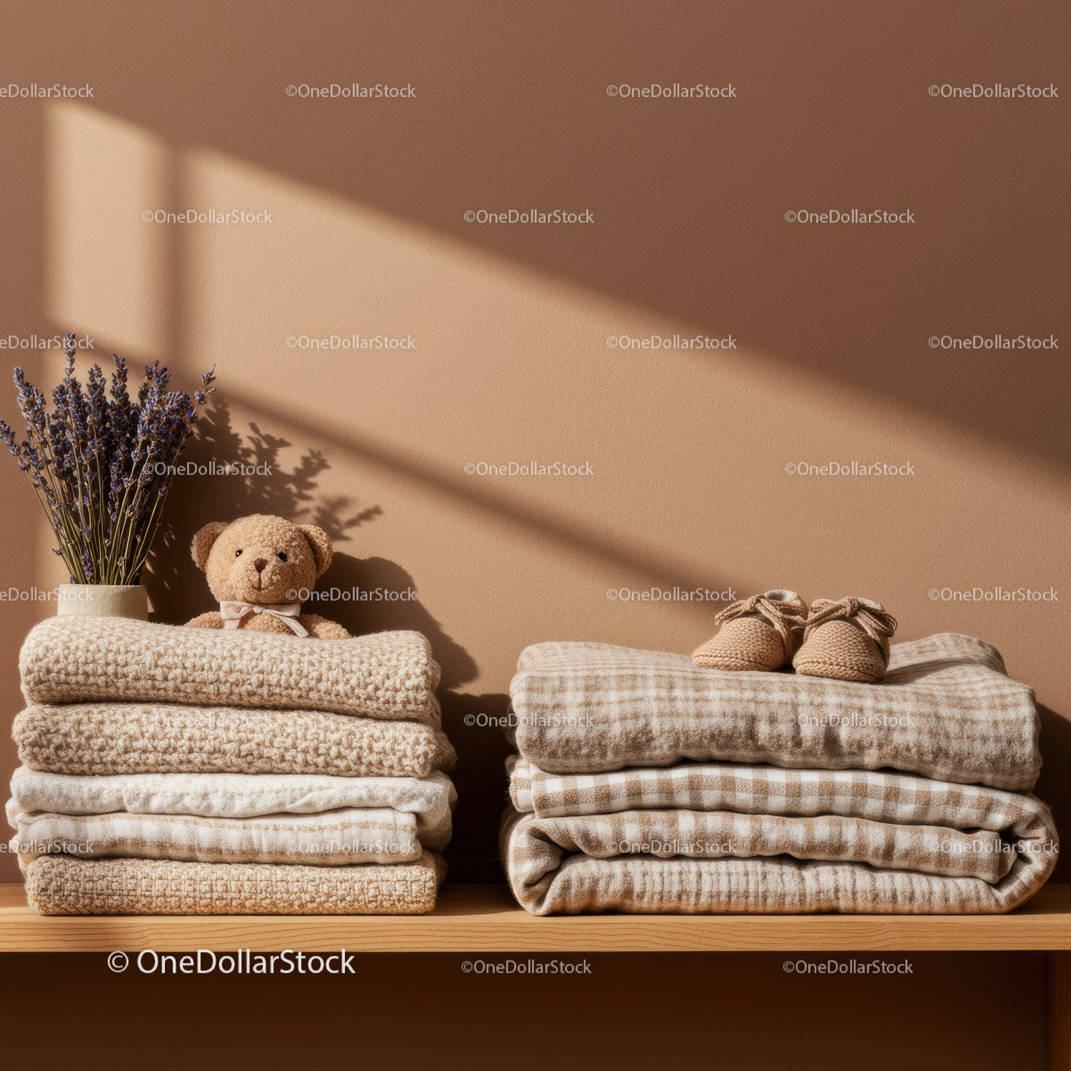 Cozy folded blankets and baby shoes on wooden shelf