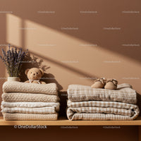 Cozy folded blankets and baby shoes on wooden shelf