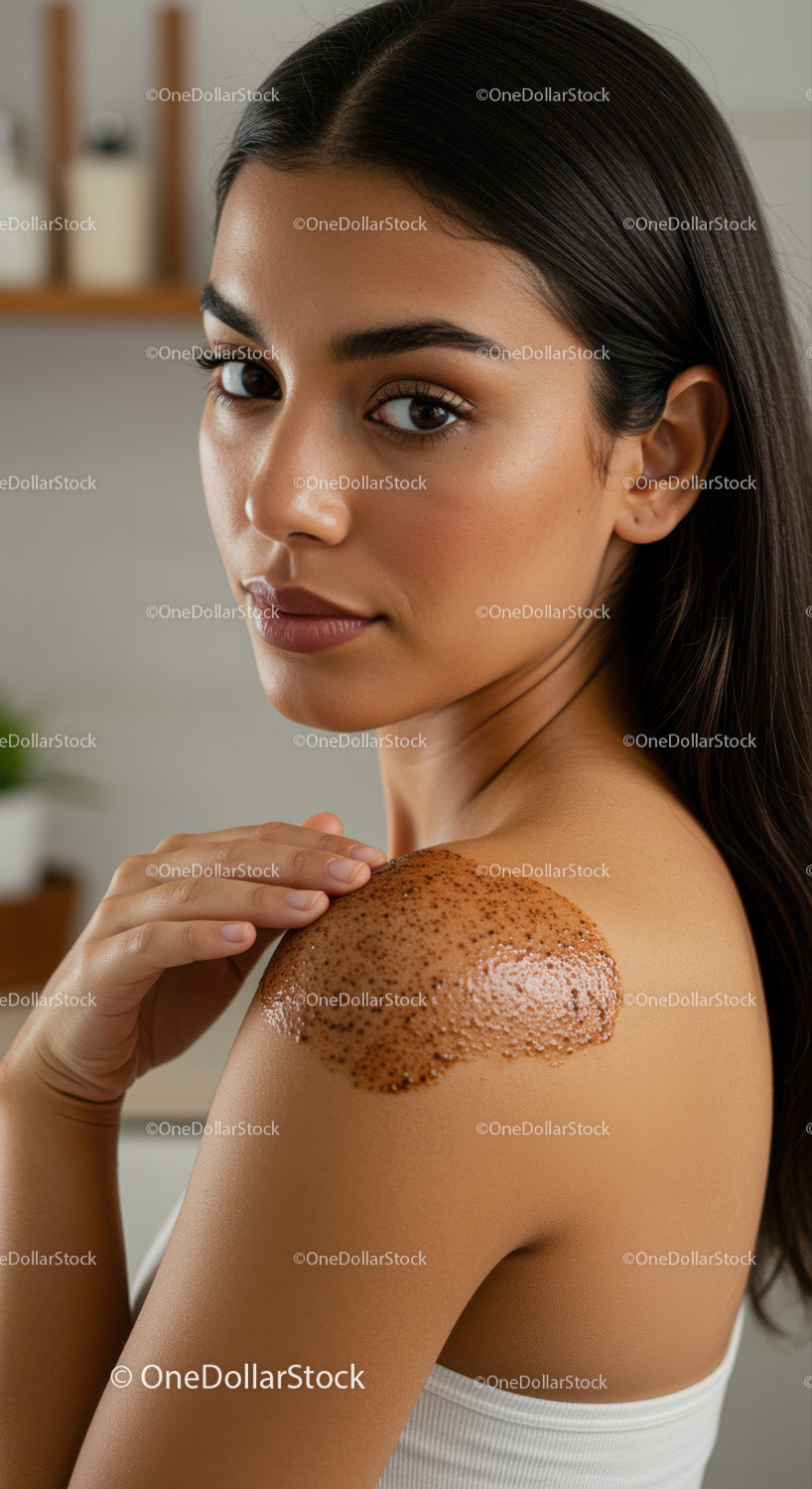 Młoda kobieta nakłada peeling na ramiona, aby mieć zdrową skórę