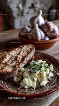 Rustic Garlic Bulbs, Bread and Mashed Potatoes with Herbs in a Cozy Kitchen