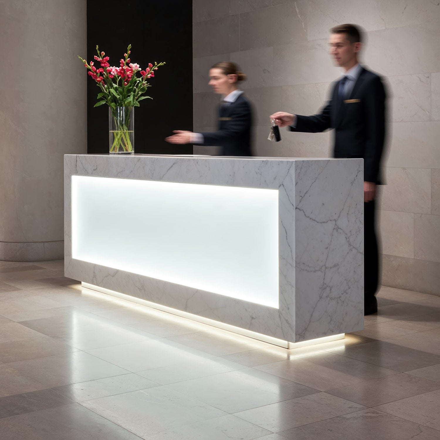 Hotel Receptionists Greeting Guests at Modern Marble Desk