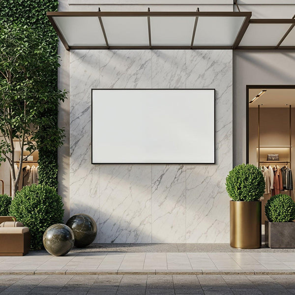 Modern outdoor storefront with blank advertising banner JPG Mockup Image