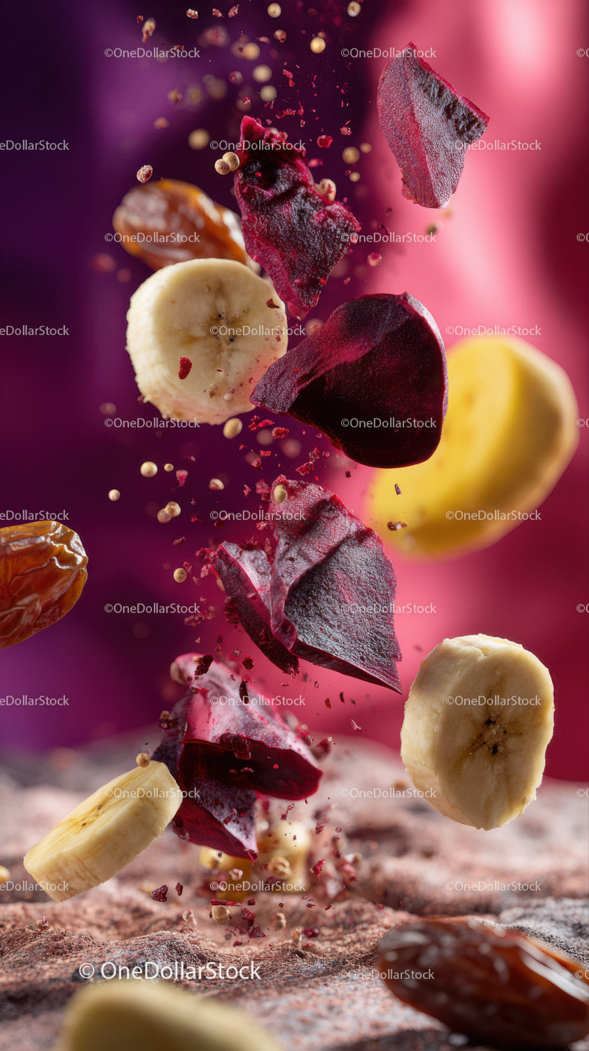 Colorful Banana Slices and Red Rose Petals in Dynamic Composition
