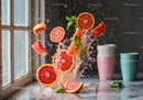 Fresh Blood Oranges Splashing with Mint on Table