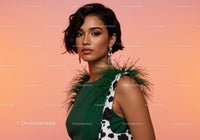 Chic Woman in Green Dress with Edgy Jewelry and Animal Print Accessory