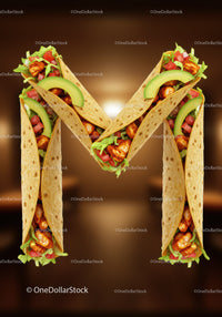 Letter M formed by fresh chicken tacos with avocado