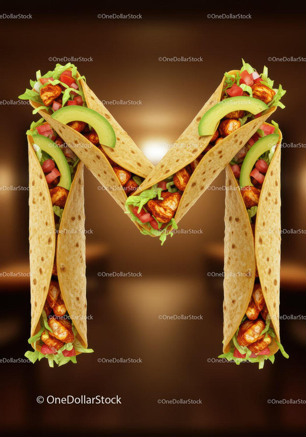Letter M formed by fresh chicken tacos with avocado