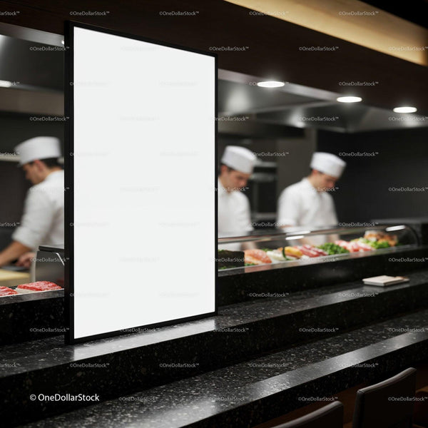 Blank vertical menu board in modern sushi restaurant interior JPG Mockup Image